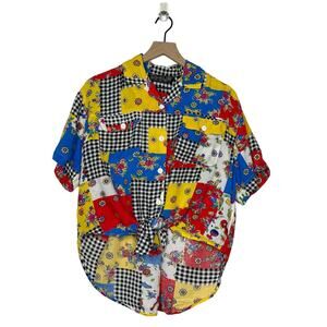 Vintage Chaus Button Up Top Women's Size Medium Patchwork Print Tie Front 90s